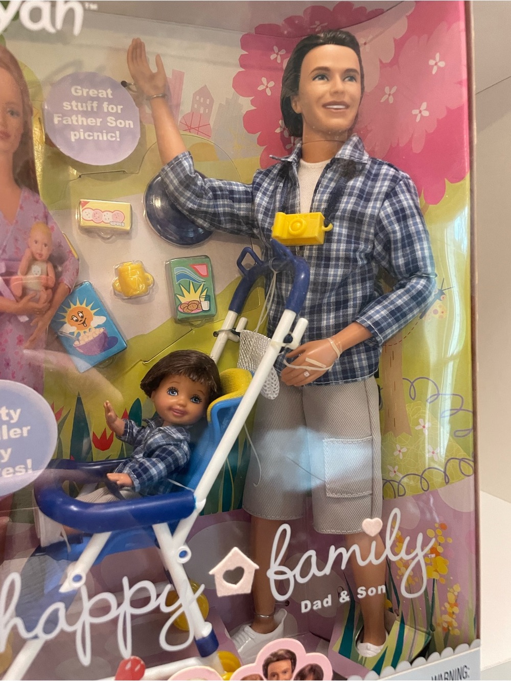 Mattel Dad & Son Set in Blue Plaid with Yellow Stroller Accents